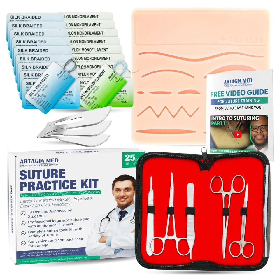 Suture Kit for Suture Training with Large Silicone Suture Pad & Tool Kit - 25-Pieces