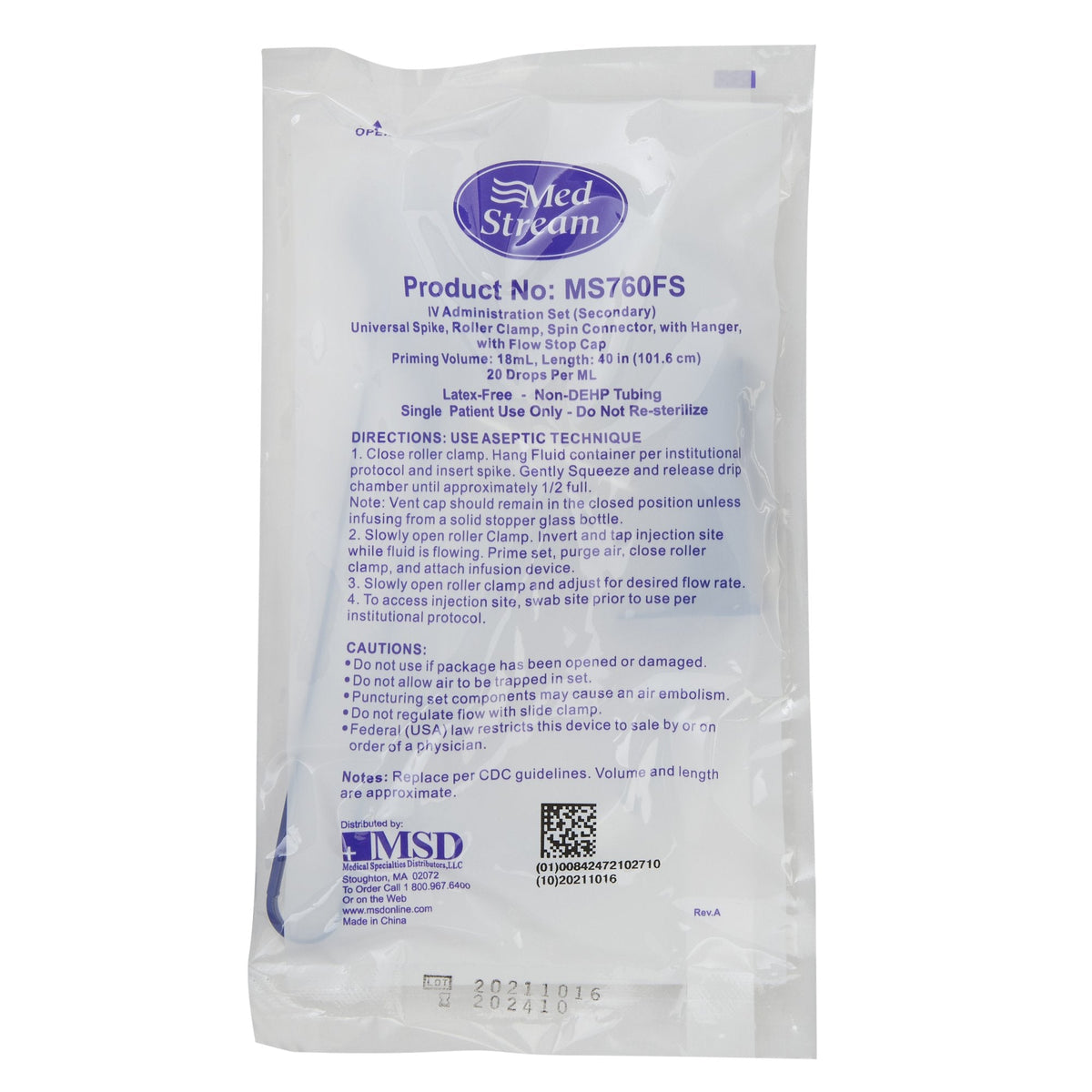 Medstream Ms760fs Secondary IV Administration Set MedStream Gravity Without Ports ...